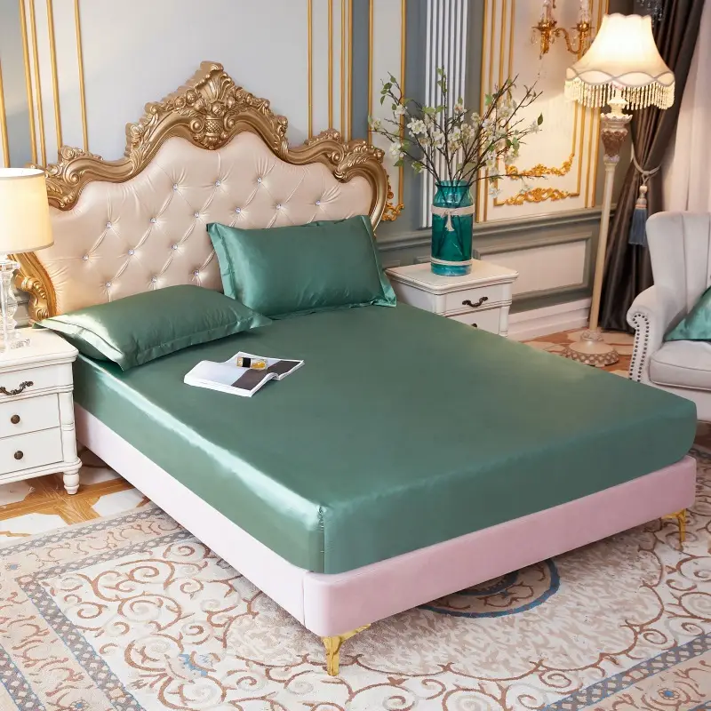 Solid Color Washed Silk Fitted Sheet Single Piece Solid Color Silk Satin 1.5m 1.8m Silky Smooth Bed Sheet Double Bed Fitted Sheet for Sleeping Naked