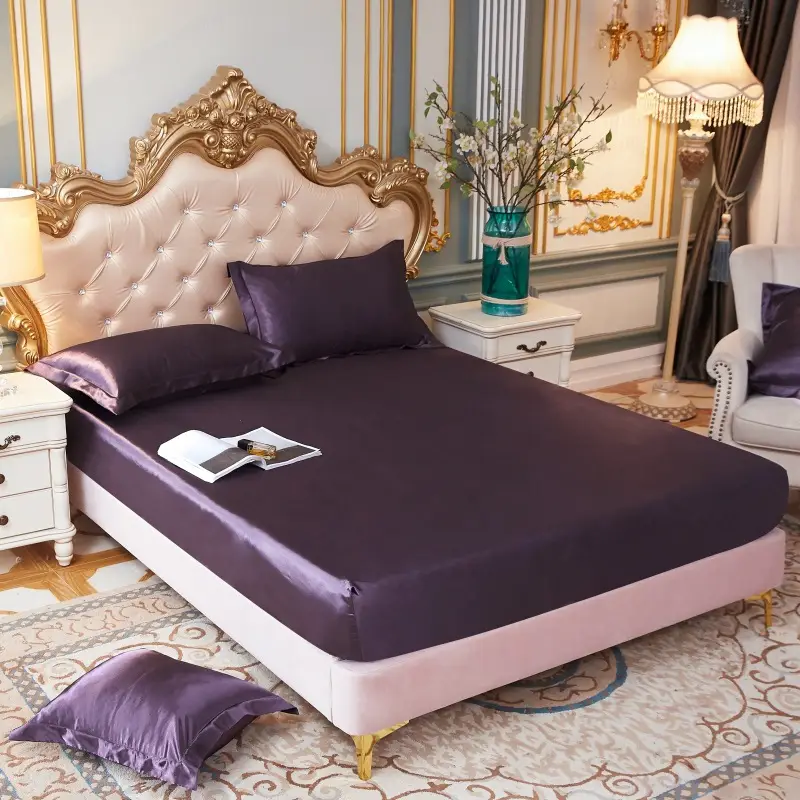 Solid Color Washed Silk Fitted Sheet Single Piece Solid Color Silk Satin 1.5m 1.8m Silky Smooth Bed Sheet Double Bed Fitted Sheet for Sleeping Naked