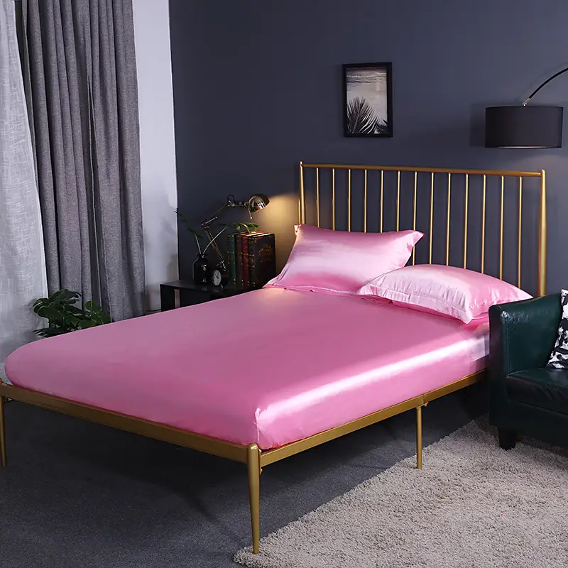 Solid Color Washed Silk Fitted Sheet Single Piece Solid Color Silk Satin 1.5m 1.8m Silky Smooth Bed Sheet Double Bed Fitted Sheet for Sleeping Naked