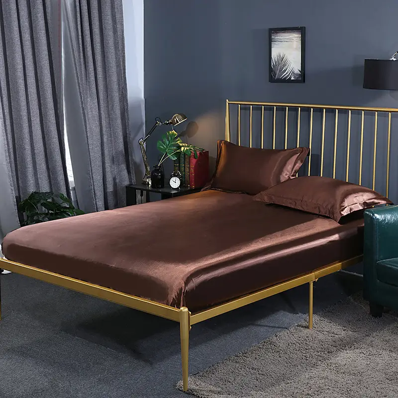 Solid Color Washed Silk Fitted Sheet Single Piece Solid Color Silk Satin 1.5m 1.8m Silky Smooth Bed Sheet Double Bed Fitted Sheet for Sleeping Naked