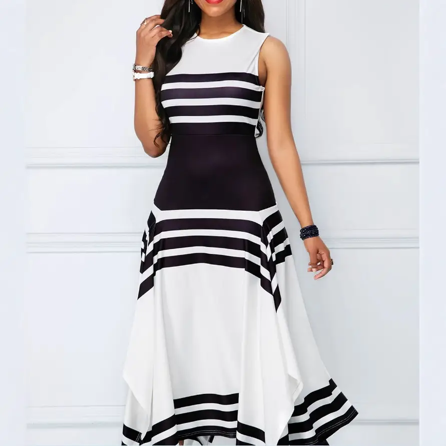 2023 Striped Sleeveless Dress Black White - Image 6