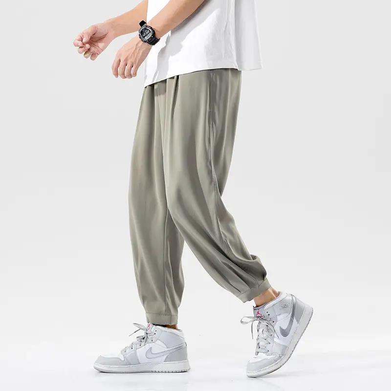 Men Korean Style Loose Straight Trousers Ice Silk Grey - Image 6