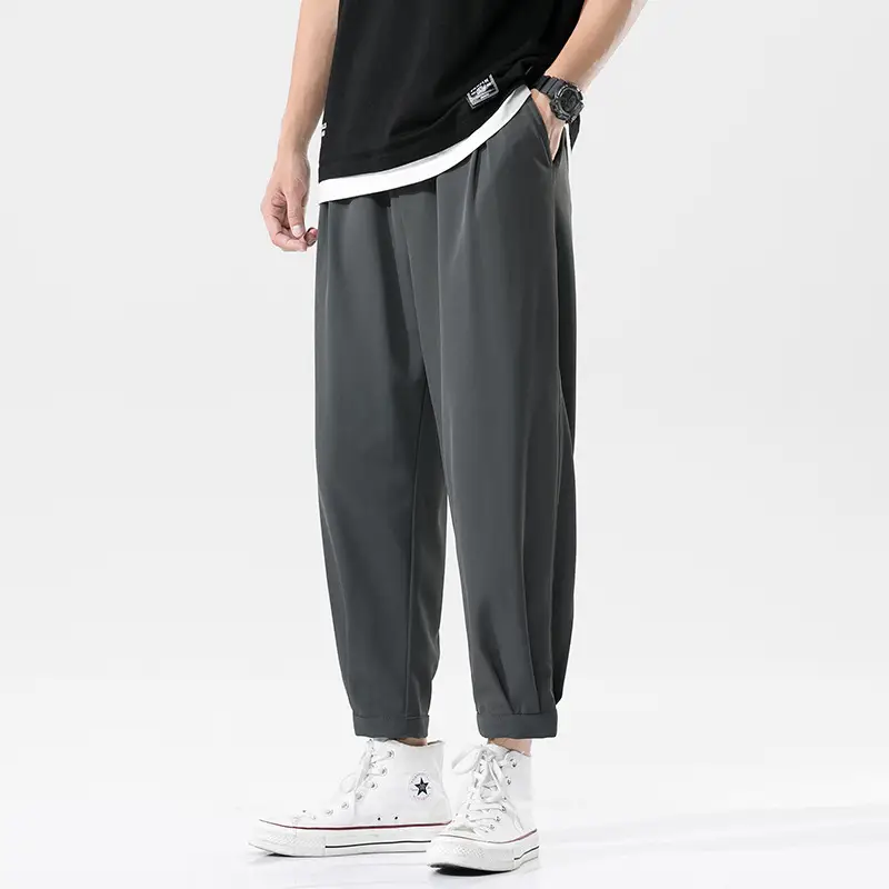 Men Korean Style Loose Straight Trousers Ice Silk Grey - Image 3