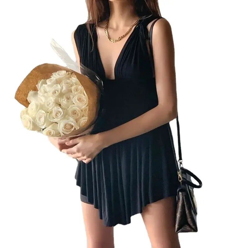 White Pleated V Neck Dress for Women - Image 7