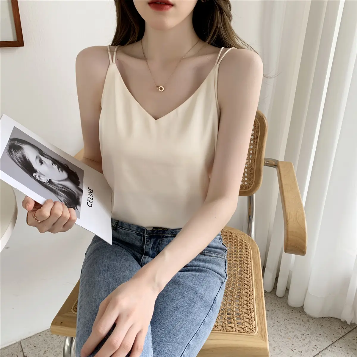 Women Satin Camisole White Loose Fit Summer