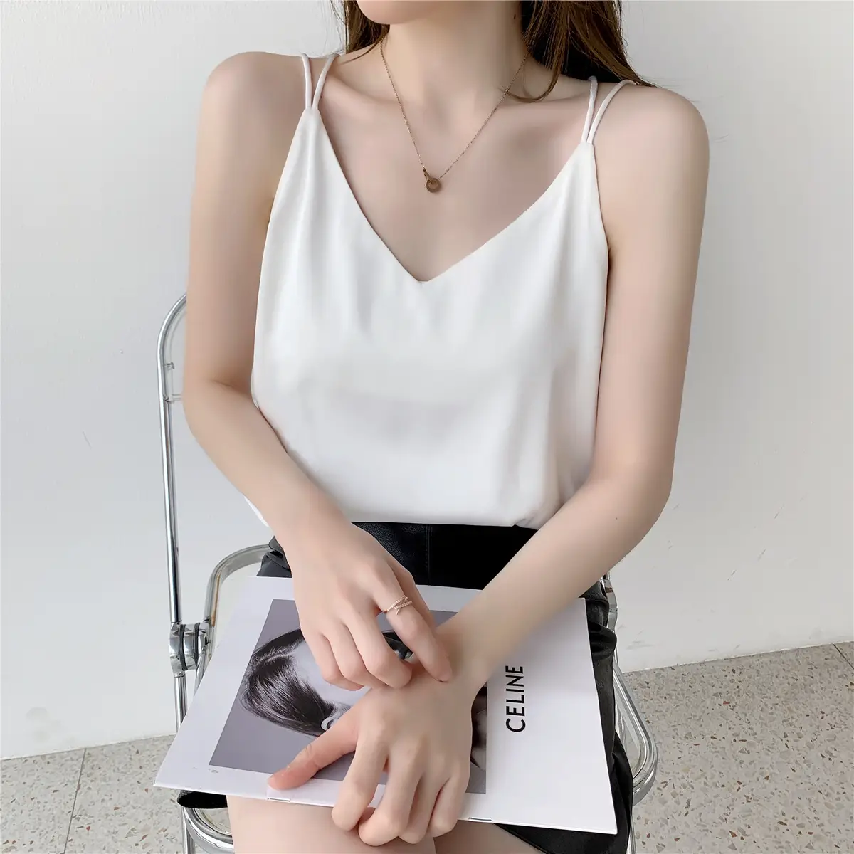 Women Satin Camisole White Loose Fit Summer — feature 5