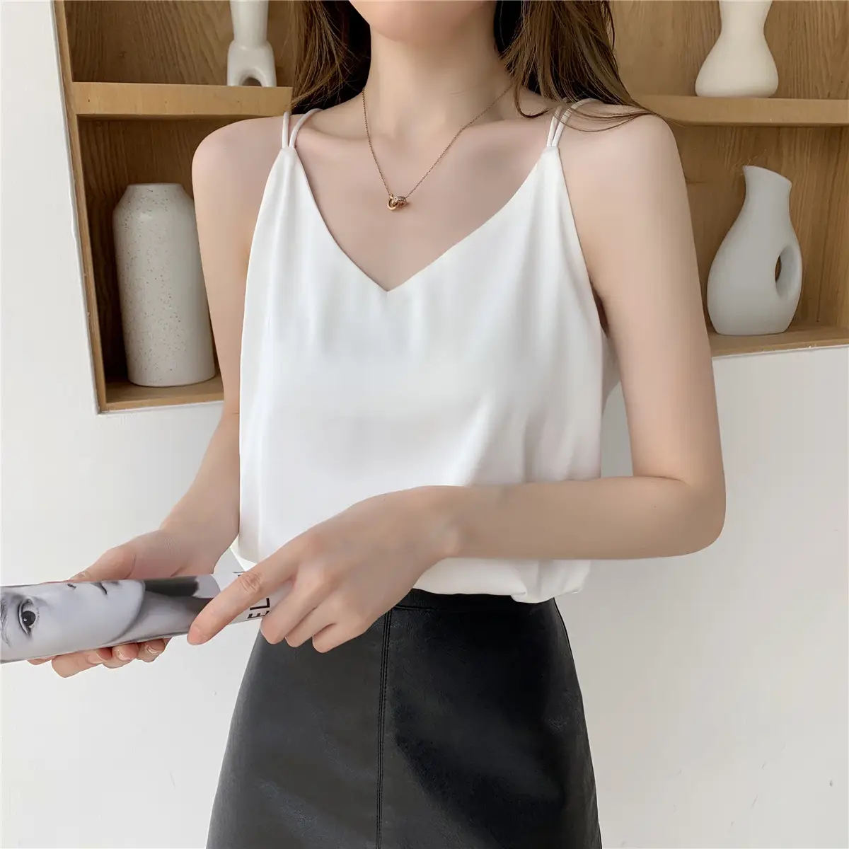 Women Satin Camisole White Loose Fit Summer — feature 6