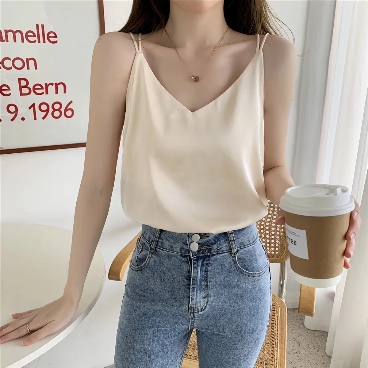 Women Satin Camisole White Loose Fit Summer