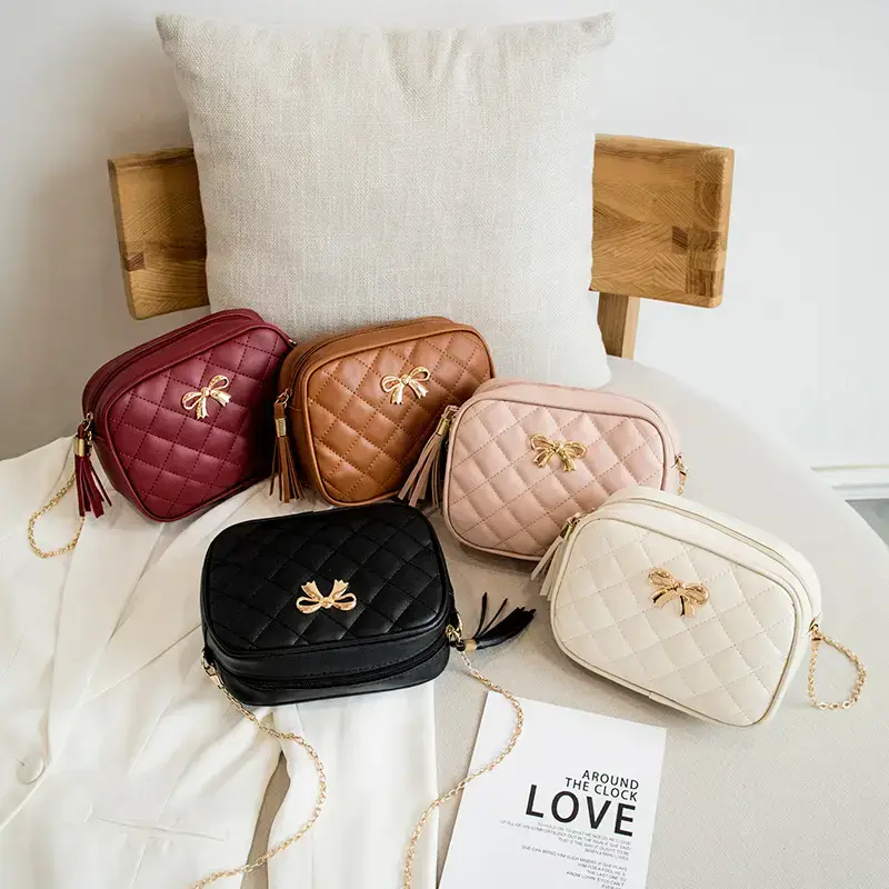 Women's Red Quilted Camera Shoulder Bag with Tassel - Image 11