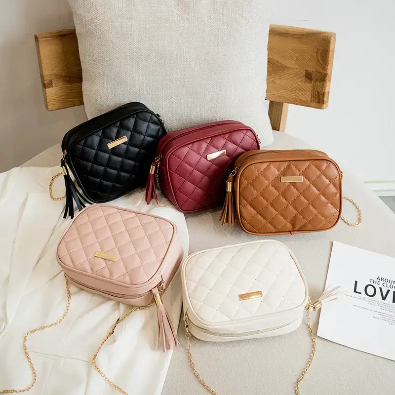 Women's Red Quilted Camera Shoulder Bag with Tassel - Image 12