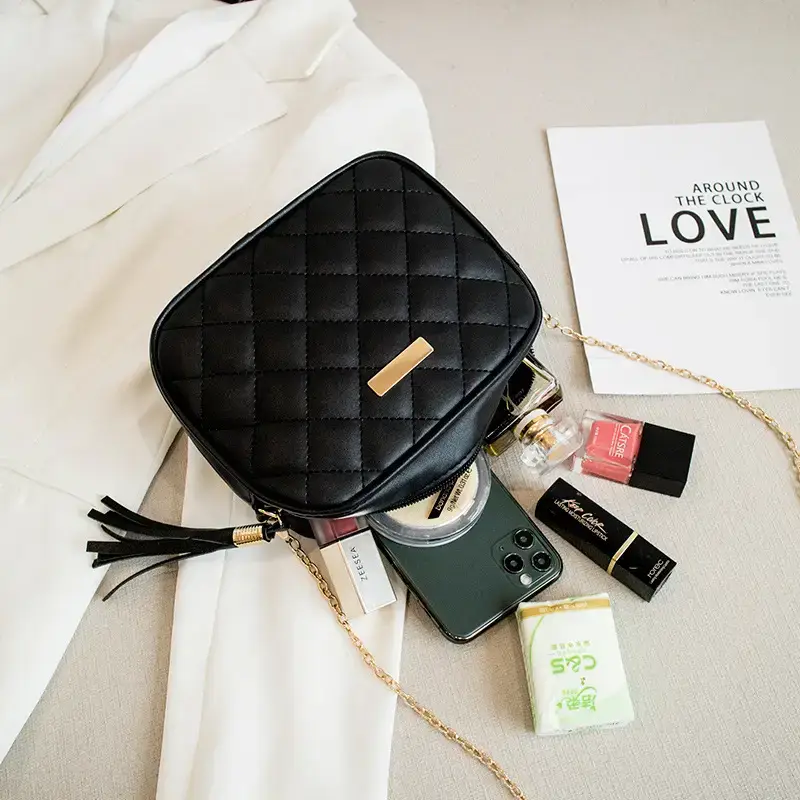 Women's Red Quilted Camera Shoulder Bag with Tassel - Image 14