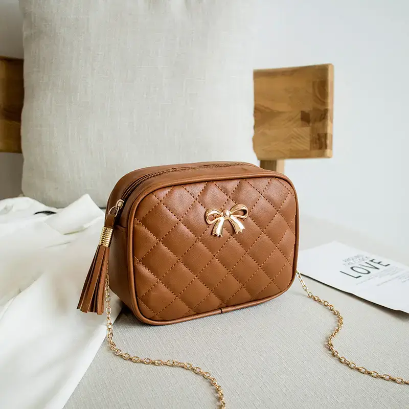 Women's Red Quilted Camera Shoulder Bag with Tassel - Image 10