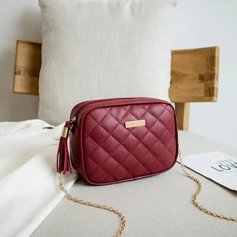 Women's Red Quilted Camera Shoulder Bag with Tassel - Image 2