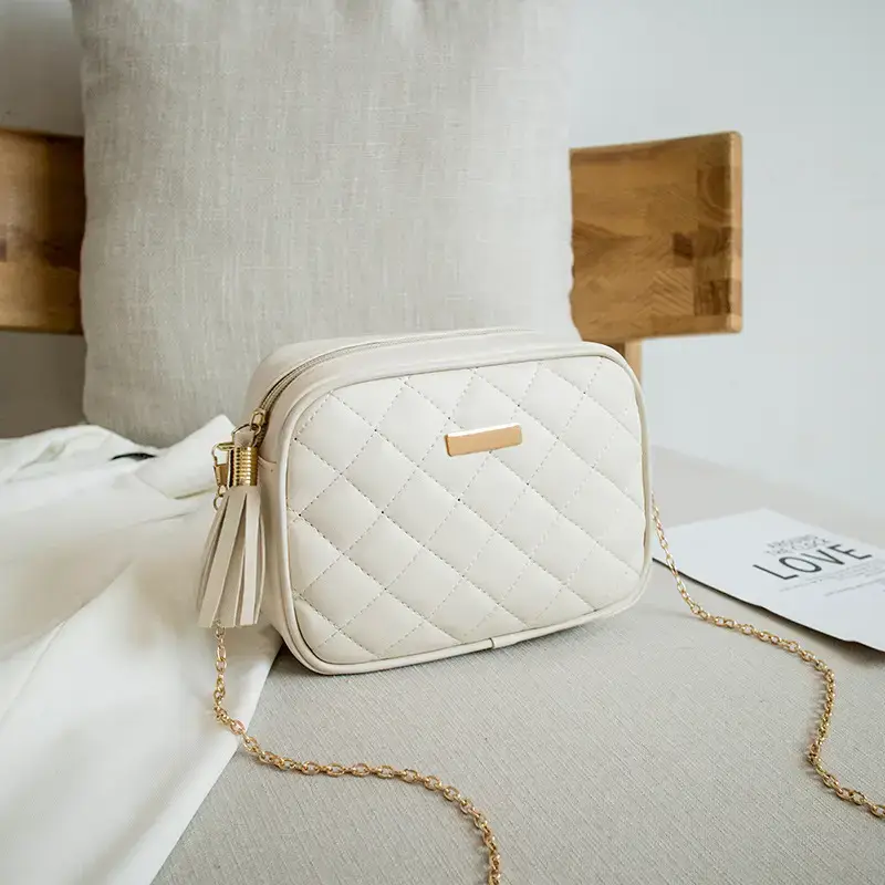 Women's Red Quilted Camera Shoulder Bag with Tassel - Image 3