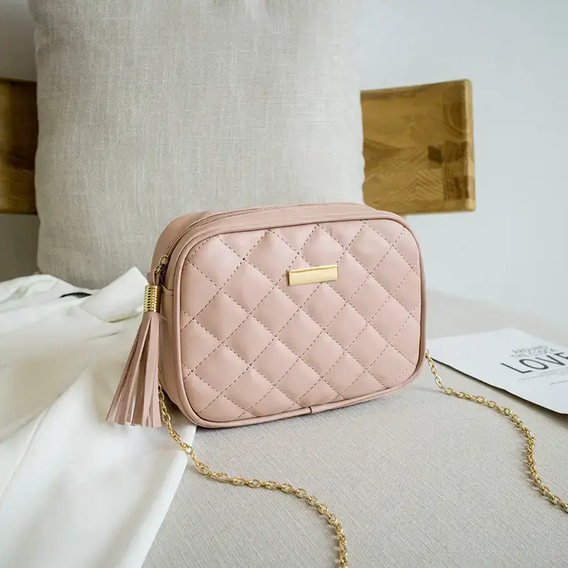 Women's Red Quilted Camera Shoulder Bag with Tassel - Image 4