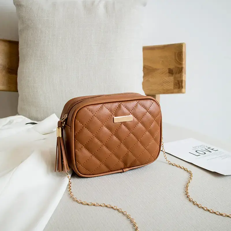 Women's Red Quilted Camera Shoulder Bag with Tassel - Image 5