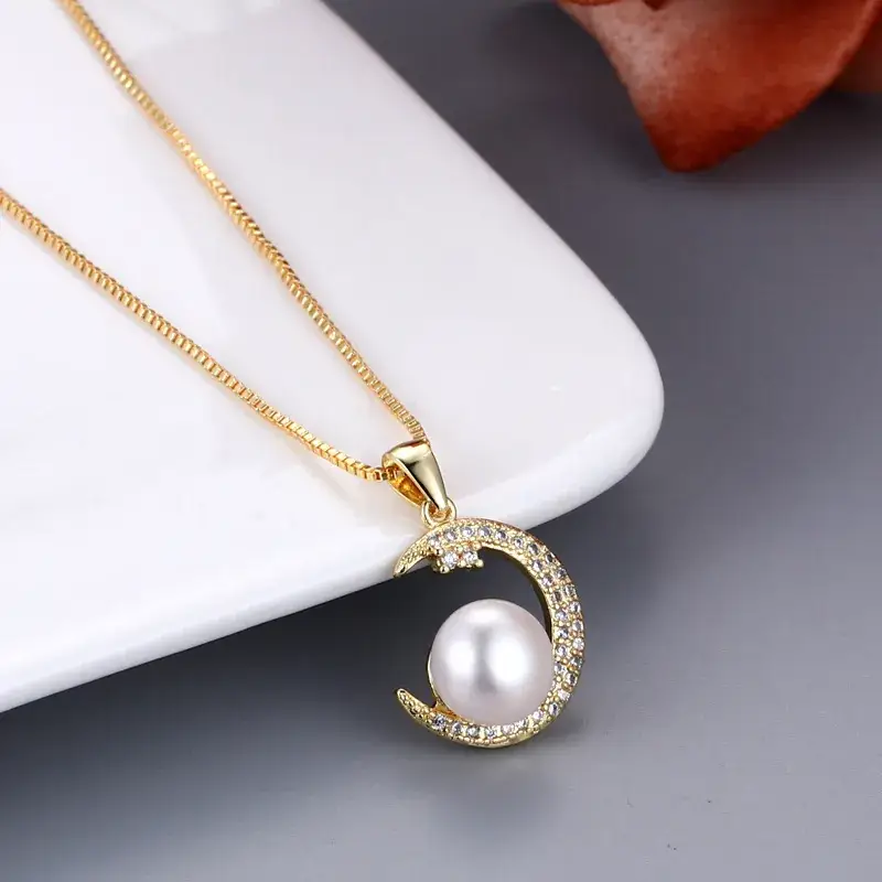 Japanese Korean Moon Freshwater Pearl Pendant Silver Gold - Image 5