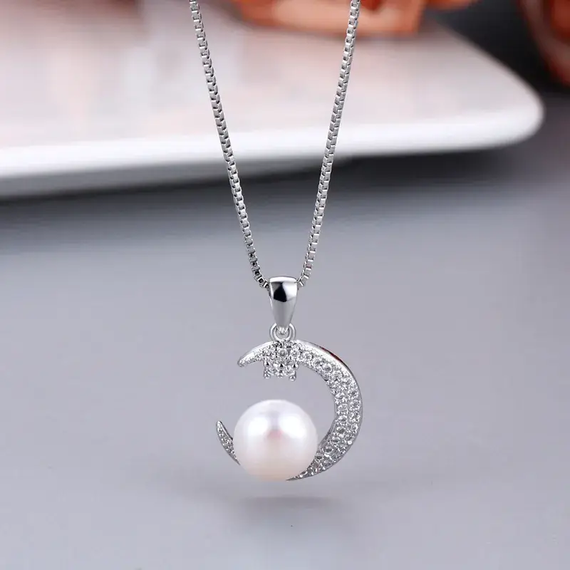 Japanese Korean Moon Freshwater Pearl Pendant Silver Gold - Image 6