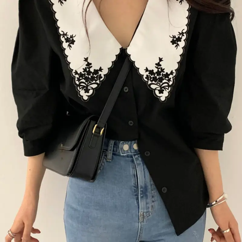 Black Embroidered V-Neck Lapel Shirt with White Lace