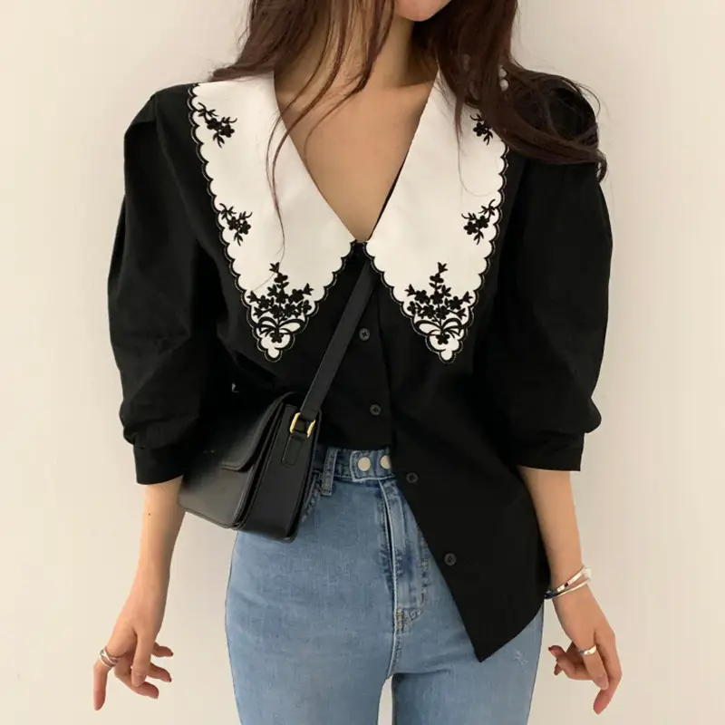 Black Embroidered V-Neck Lapel Shirt with White Lace