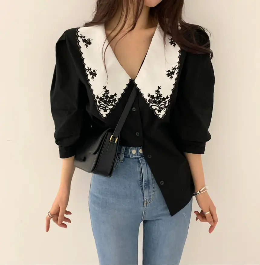 Black Embroidered V-Neck Lapel Shirt with White Lace — feature 2