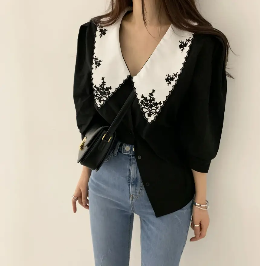 Black Embroidered V-Neck Lapel Shirt with White Lace — feature 3