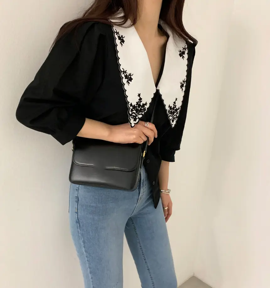 Black Embroidered V-Neck Lapel Shirt with White Lace — feature 4