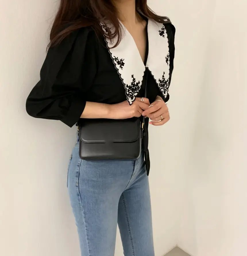 Black Embroidered V-Neck Lapel Shirt with White Lace — feature 5