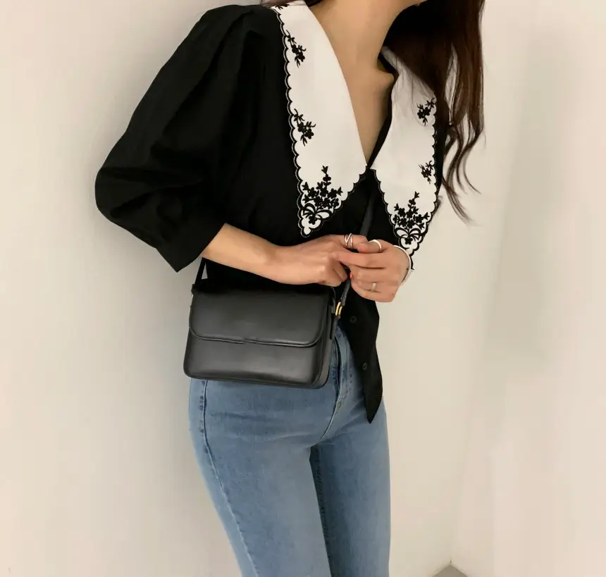 Black Embroidered V-Neck Lapel Shirt with White Lace — feature 6