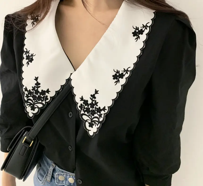 Black Embroidered V-Neck Lapel Shirt with White Lace — feature 7