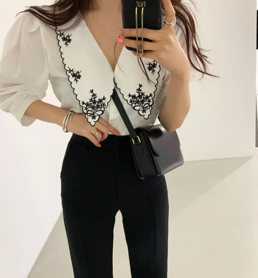 Black Embroidered V-Neck Lapel Shirt with White Lace — feature 8