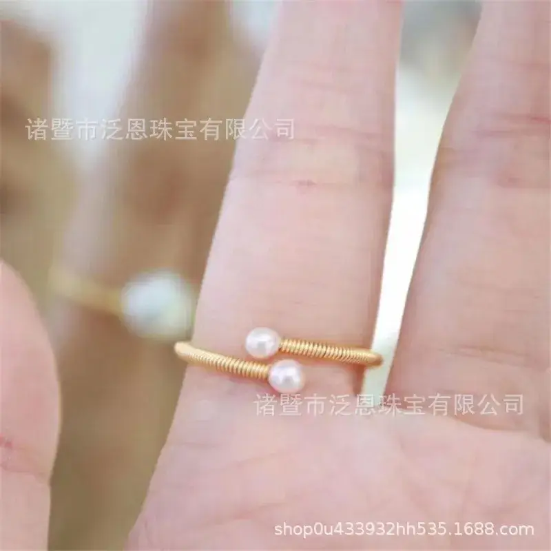 14K Gold Winding Pearl Ring Baroque White Bead Adjustable - Image 2
