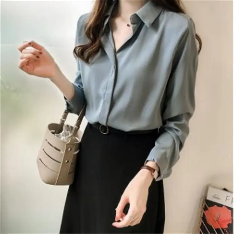 Autumn Women Long Sleeve Solid Color Shirt - Image 9