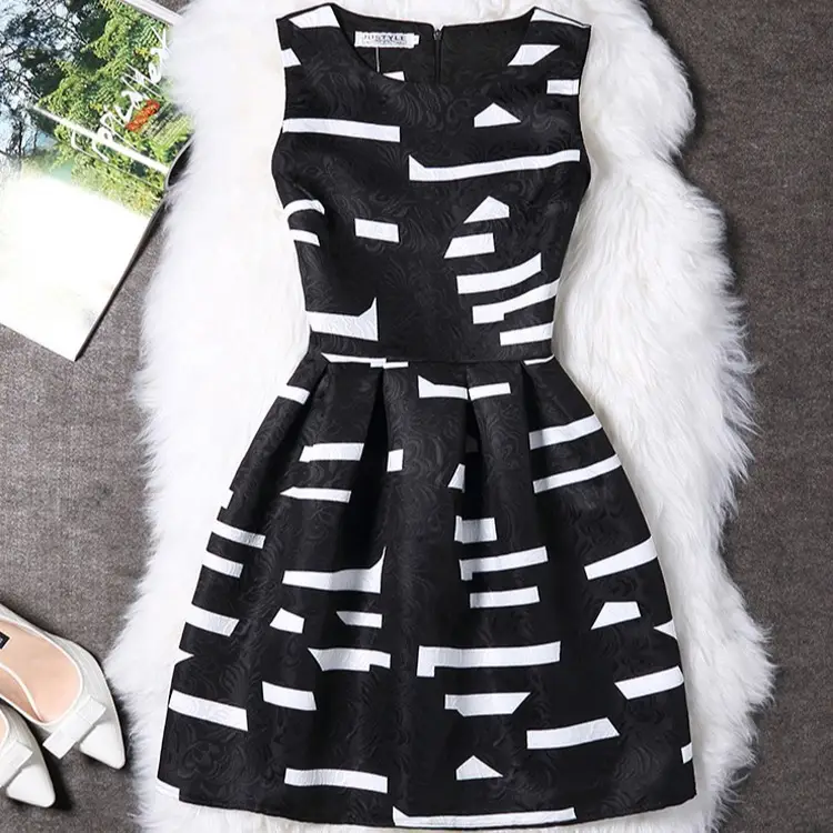 Women Printed Sleeveless Dress Black White Slim Fit