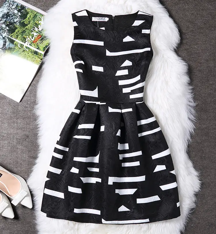 Women Printed Sleeveless Dress Black White Slim Fit — feature 8