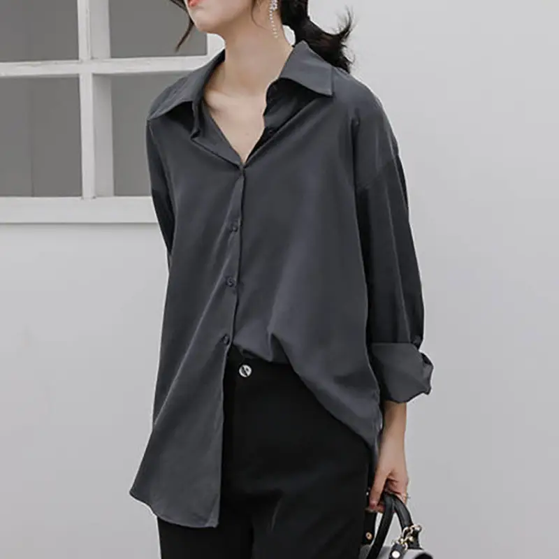 Grey Long Sleeve Button Down Shirt for Women - Image 2