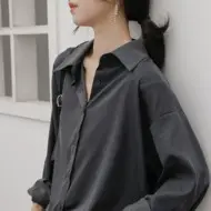 Grey Long Sleeve Button Down Shirt for Women — feature 2