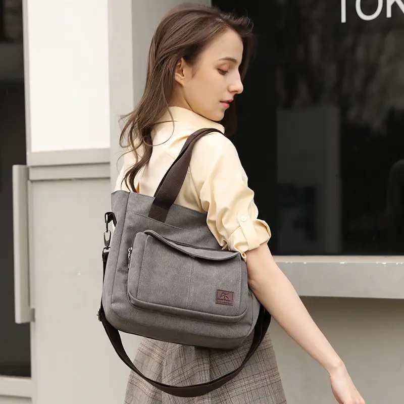 Large Capacity Women's Canvas Shoulder Bag Grey - Image 9