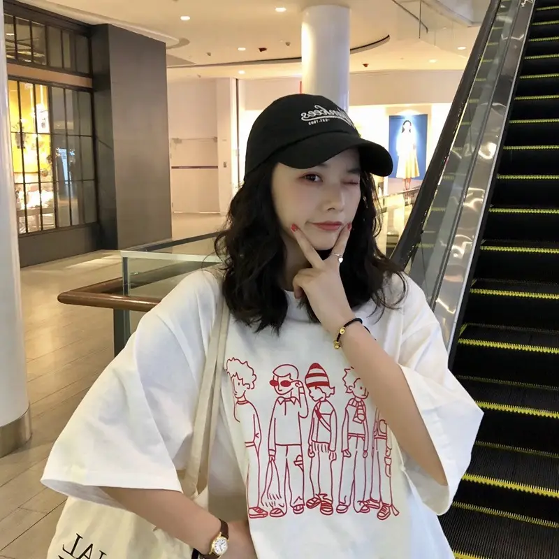 Women Loose Fit Korean Print T-Shirt White Summer - Image 4