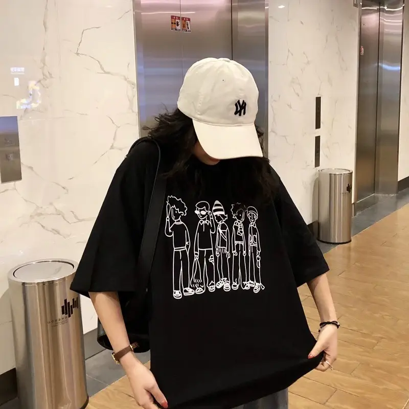 Women Loose Fit Korean Print T-Shirt White Summer - Image 5
