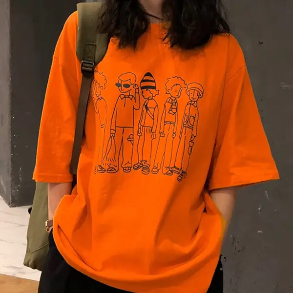 Women Loose Fit Korean Print T-Shirt White Summer - Image 3