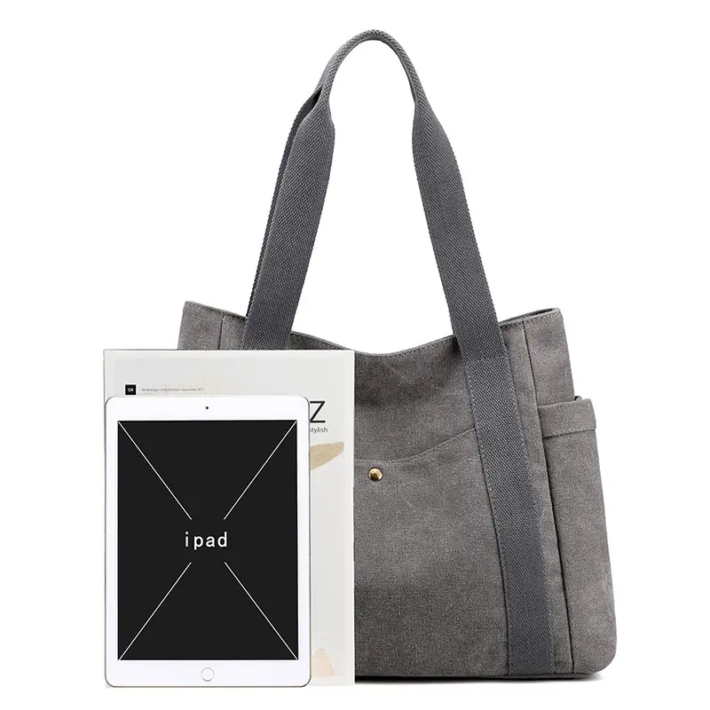 Grey Canvas Handheld Shoulder Bag for Women Large Capacity - Image 8