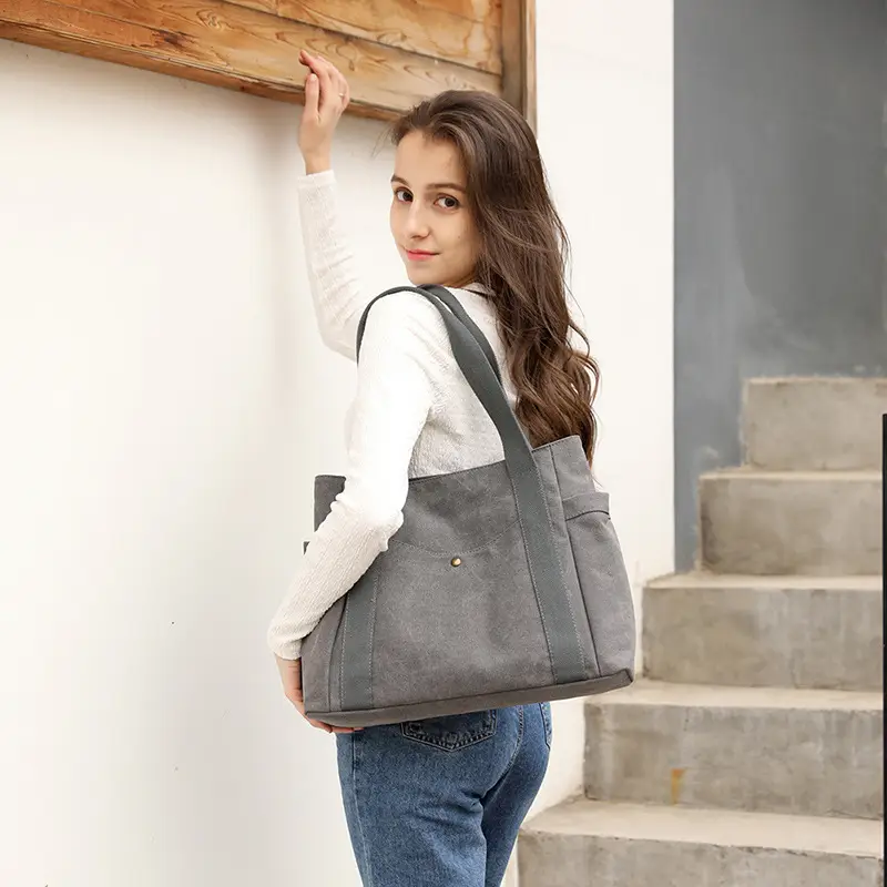 Grey Canvas Handheld Shoulder Bag for Women Large Capacity - Image 9