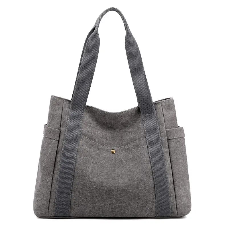 Grey Canvas Handheld Shoulder Bag for Women Large Capacity - Image 4