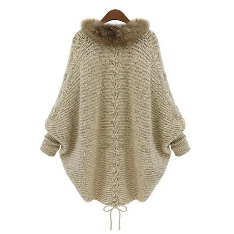 Women Knitted Cape Sweater Beige Winter Cap - Image 4