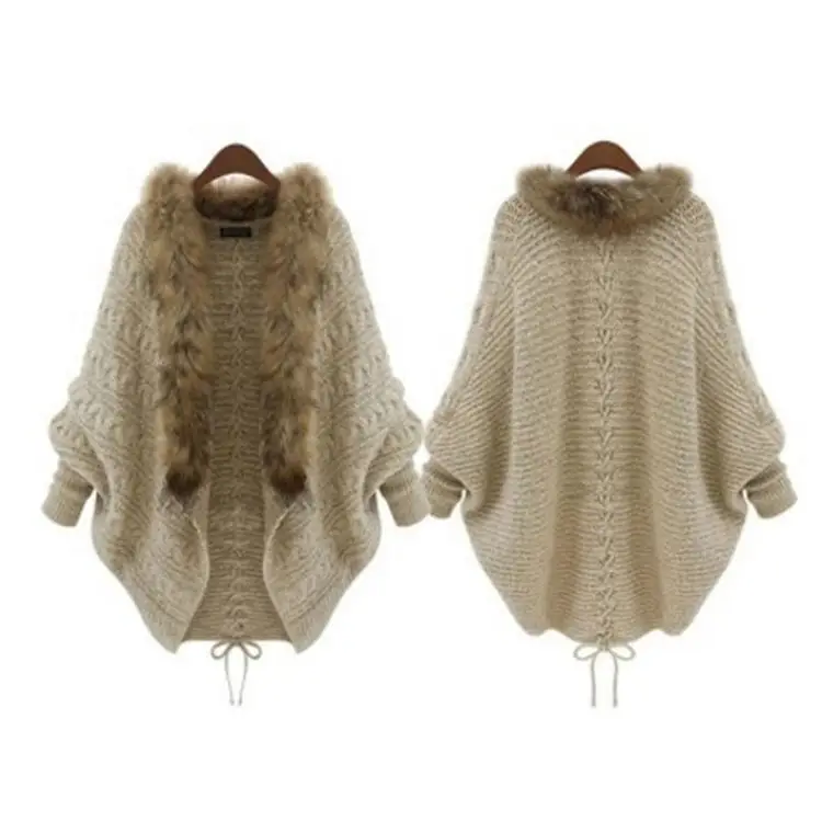 Women Knitted Cape Sweater Beige Winter Cap - Image 6