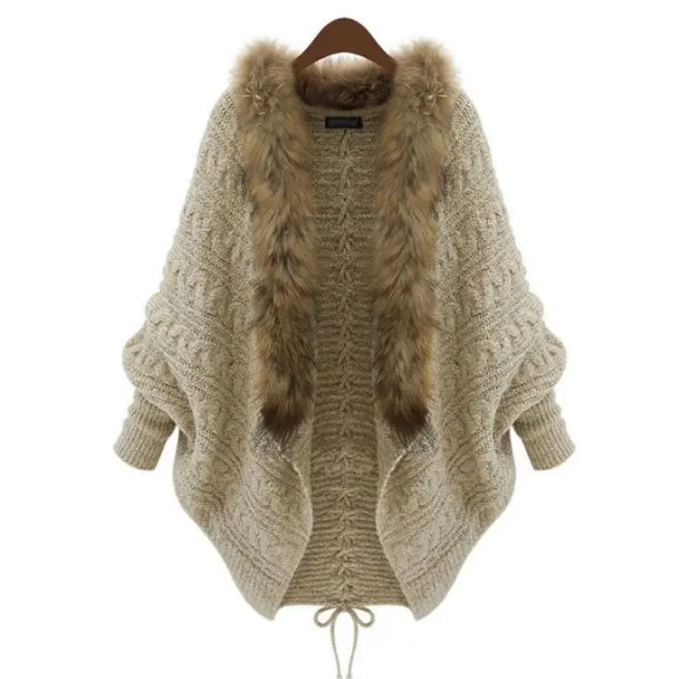 Women Knitted Cape Sweater Beige Winter Cap - Image 7