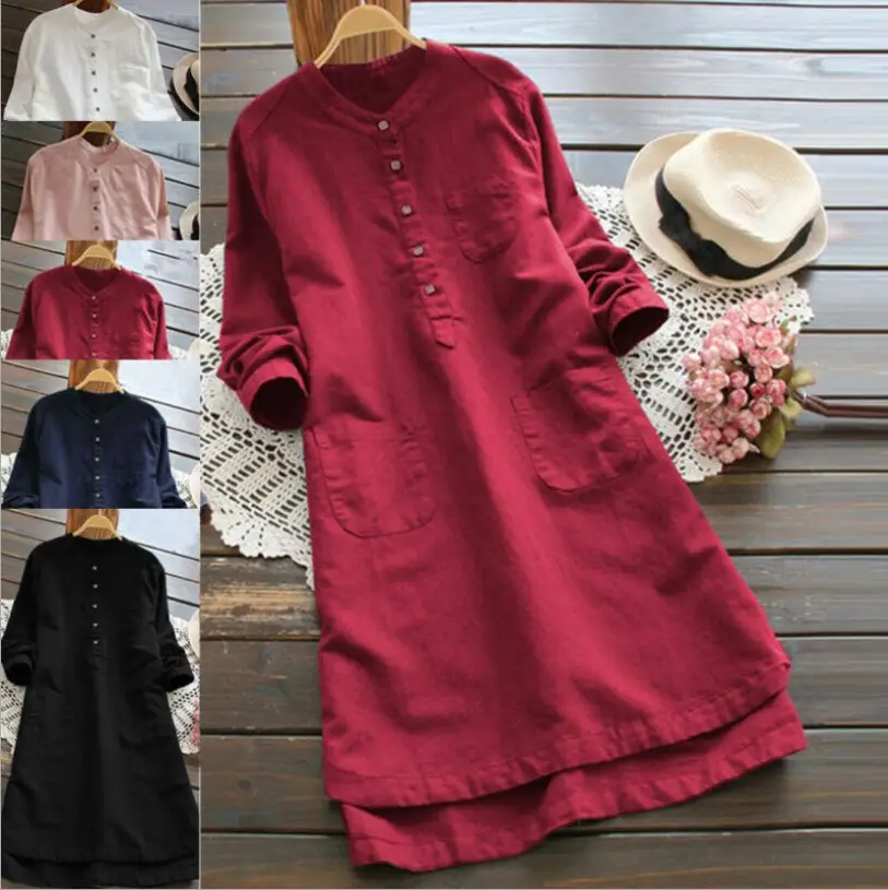 24" Long Sleeve Cotton Linen Kurta for Women Large - Image 6