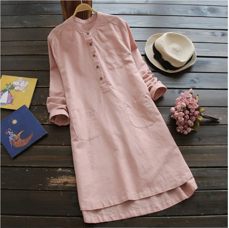 24" Long Sleeve Cotton Linen Kurta for Women Large - Image 2