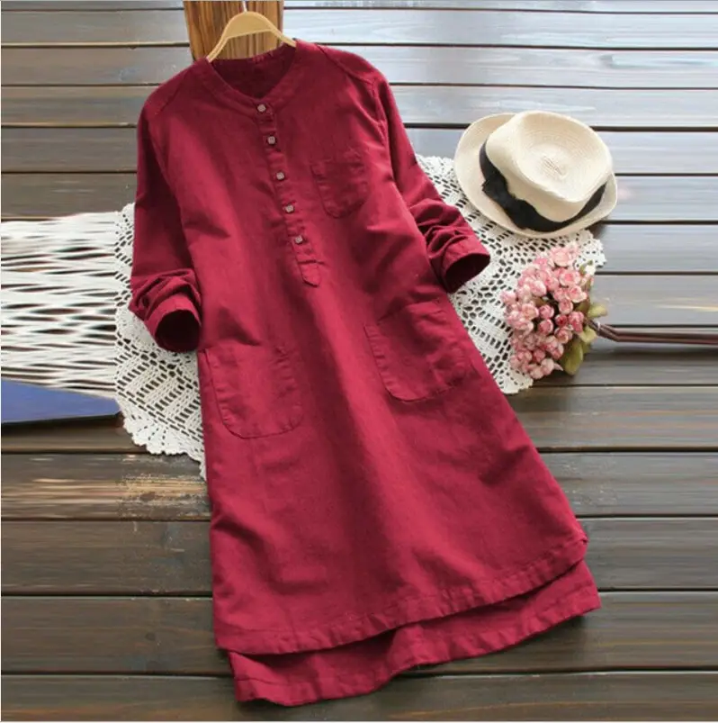 24" Long Sleeve Cotton Linen Kurta for Women Large - Image 3